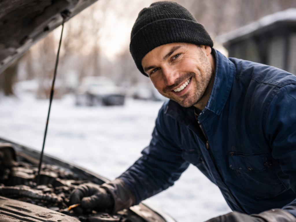Car engine oil refill during routine maintenance.