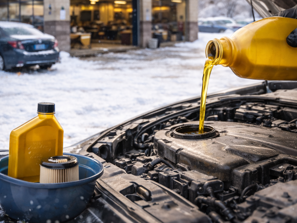Vehicle maintenance with fresh engine oil being added.
