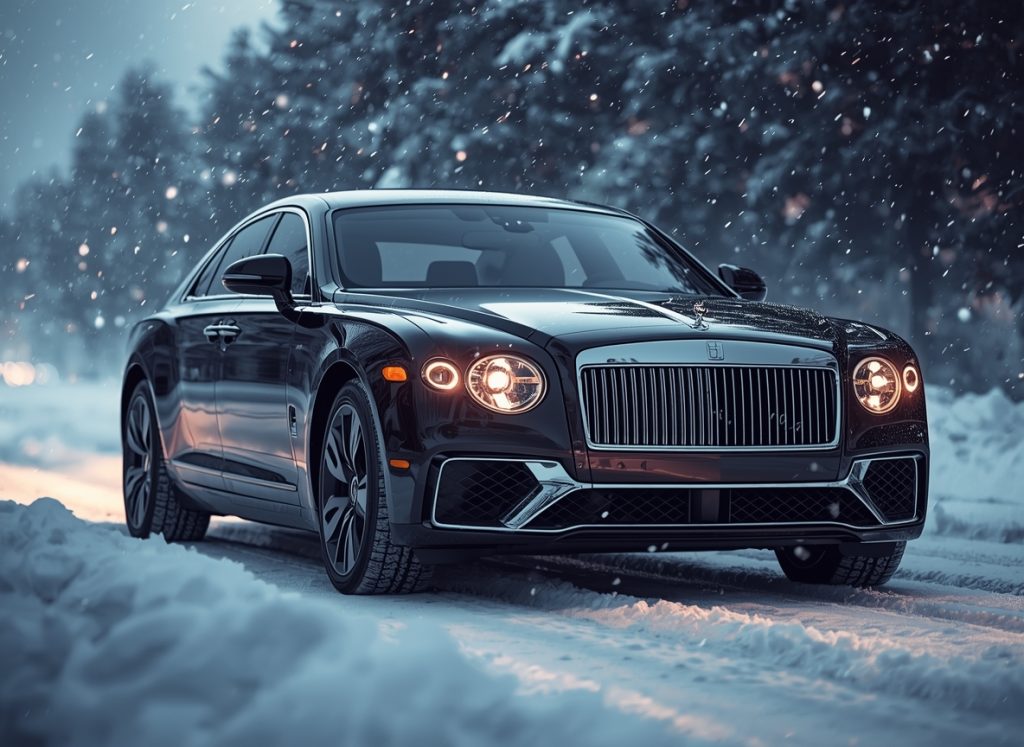 Car navigating severe snowstorm conditions in Canada, representing challenging winter driving environments and vehicle durability