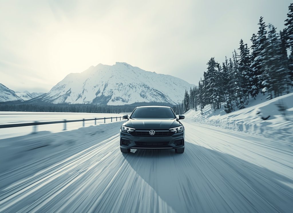 Vehicle driving confidently on a snowy Alberta road, symbolizing safe winter driving and cold climate vehicle reliability