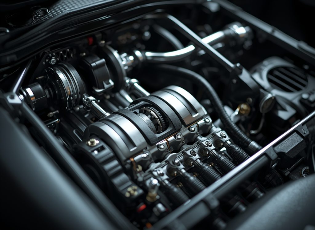 Detailed close-up of an automotive transmission system, emphasizing mechanical components relevant to transmission diagnostics and repair