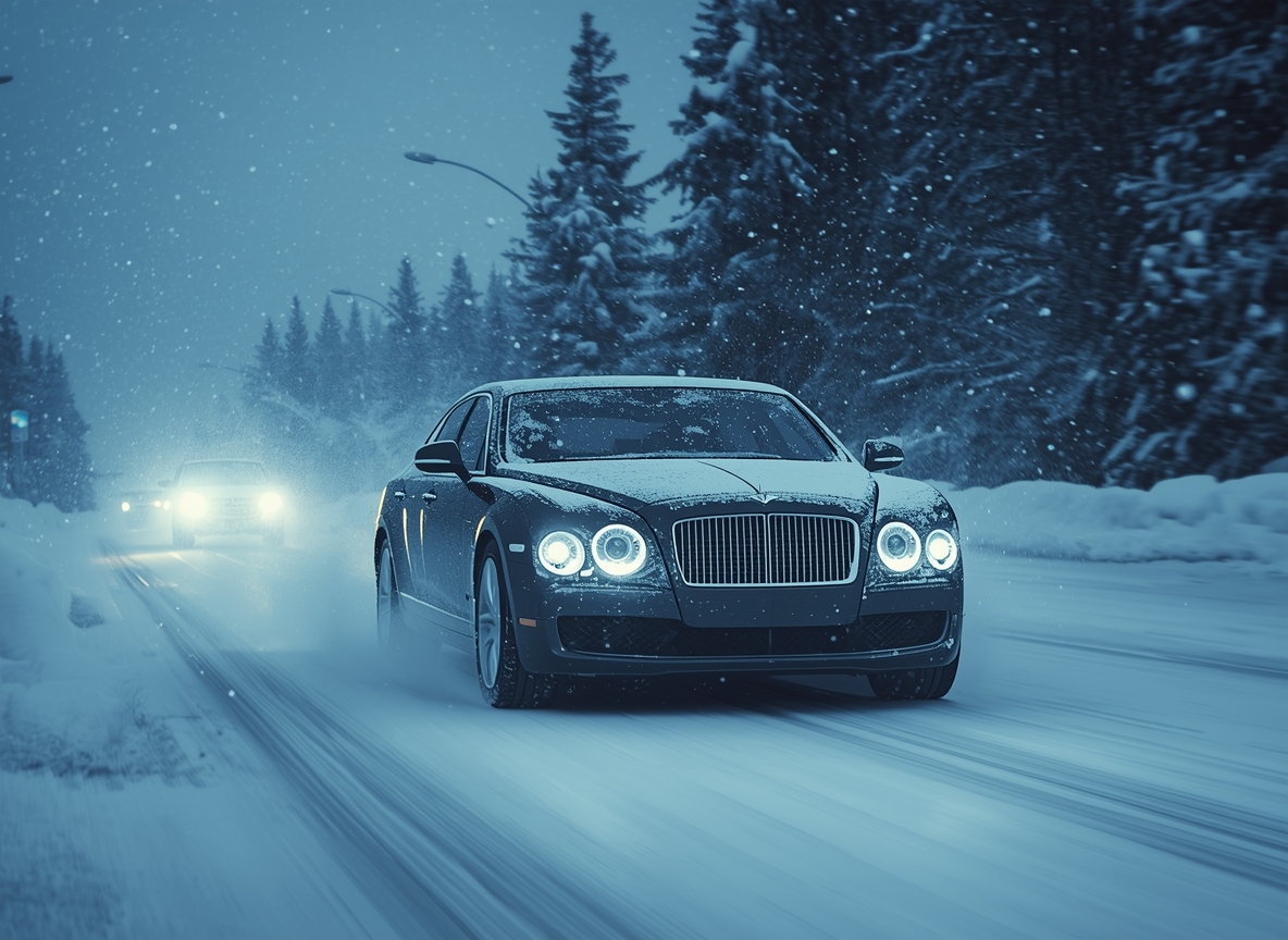 Car driving through heavy snowfall in Calgary during extreme winter conditions, illustrating cold weather vehicle performance in Alberta