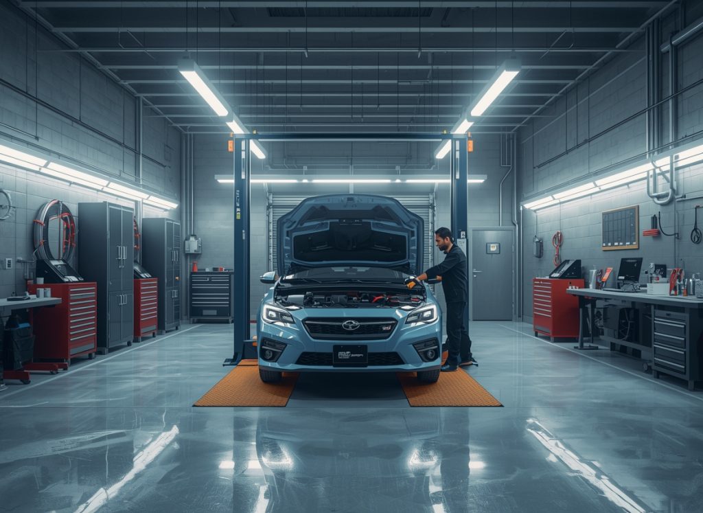 Certified mechanic inspecting a vehicle inside a modern Calgary auto repair shop, representing professional winter car maintenance