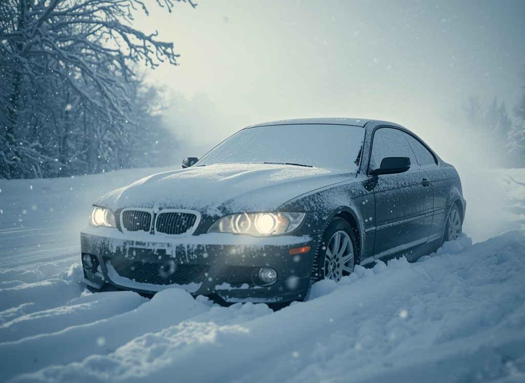 Snow-covered vehicle struggling to start on a freezing Canadian morning, highlighting common winter car problems in Calgary