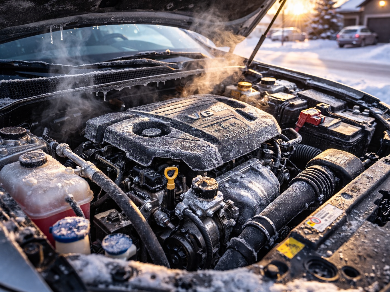 Close-up of a cold car engine in Alberta winter with frost buildup and visible condensation.