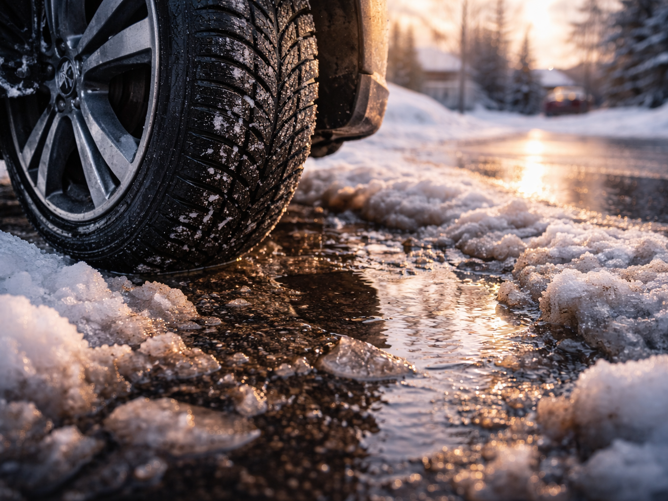 Vehicle hitting a large pothole on a Calgary road after winter, illustrating suspension damage risks from freeze-thaw