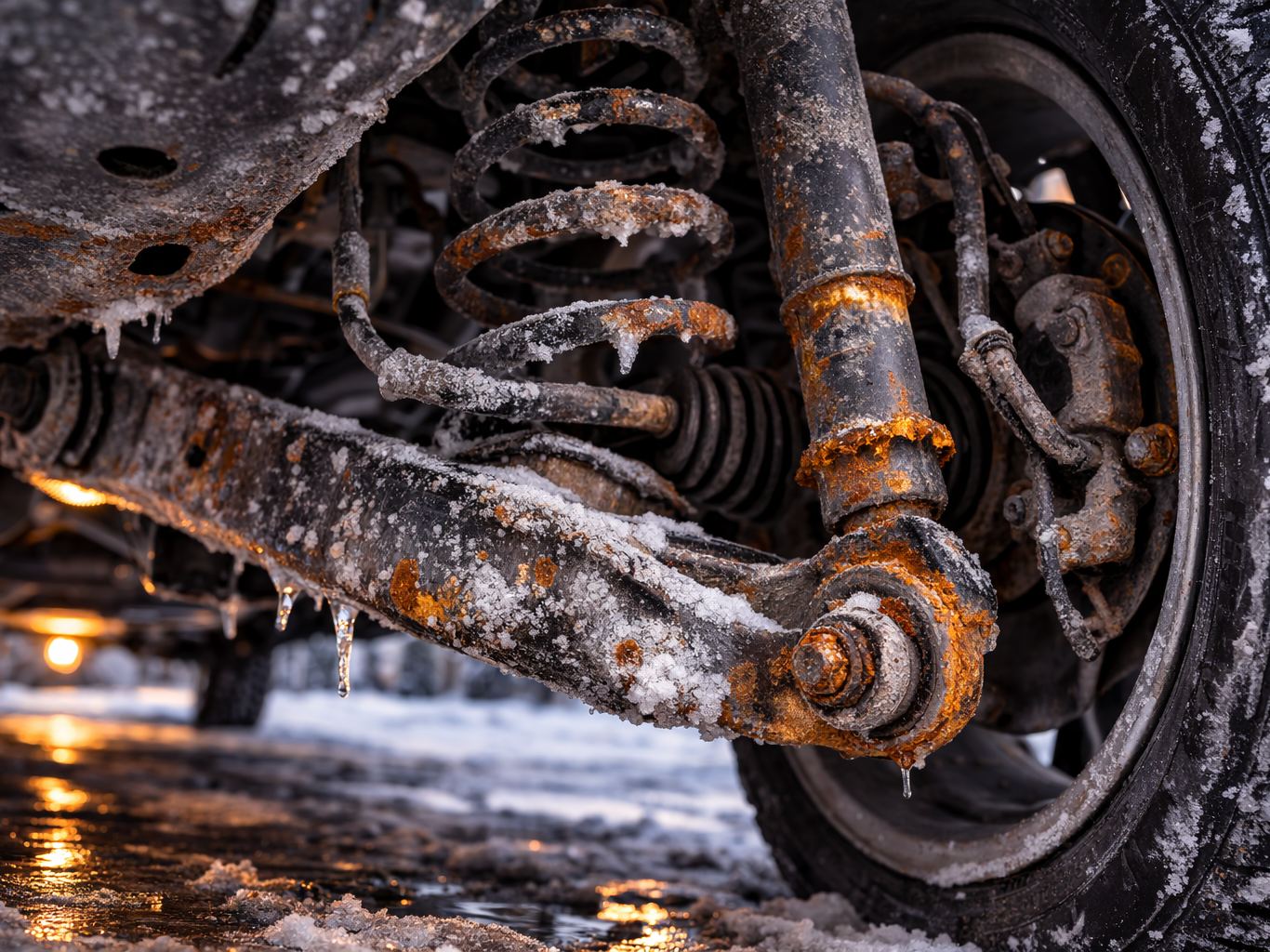 Vehicle suspension system showing road salt buildup and early rust corrosion after Alberta winter driving conditions.