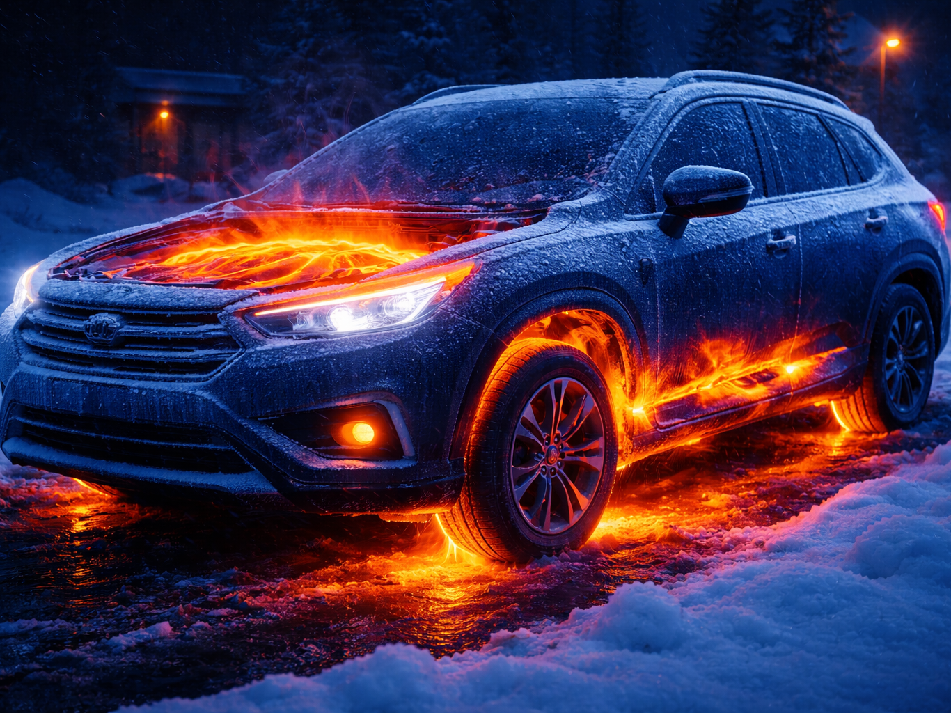 
Thermal imaging style view of a vehicle in Alberta winter showing heat loss from engine and drivetrain components.