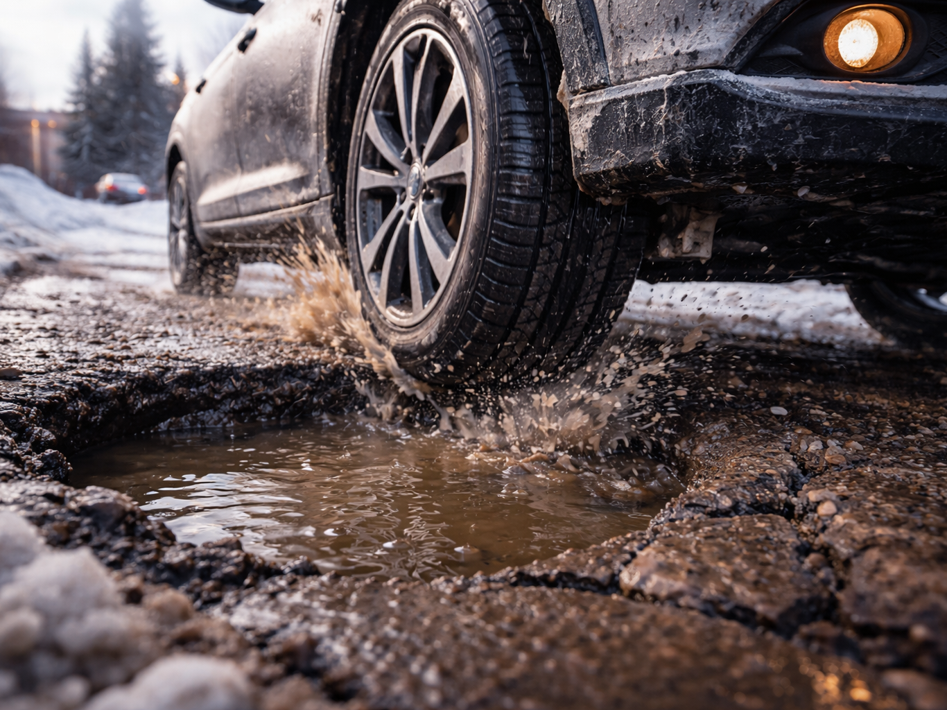 Vehicle tire on melting snow during Alberta chinook weather showing freeze-thaw road surface conditions.