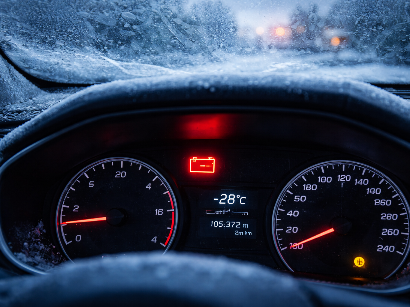 Car dashboard in extreme Alberta cold showing battery warning light at minus 28 degrees Celsius.