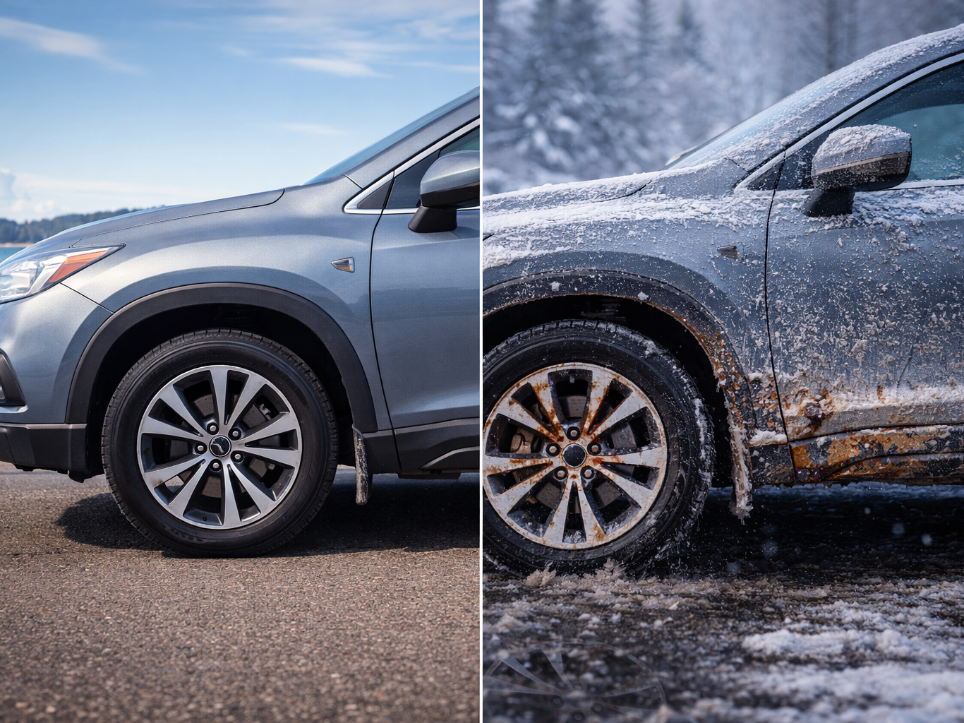 Side-by-side comparison of a vehicle in mild coastal climate versus harsh Alberta winter conditions showing visible rust and wear.