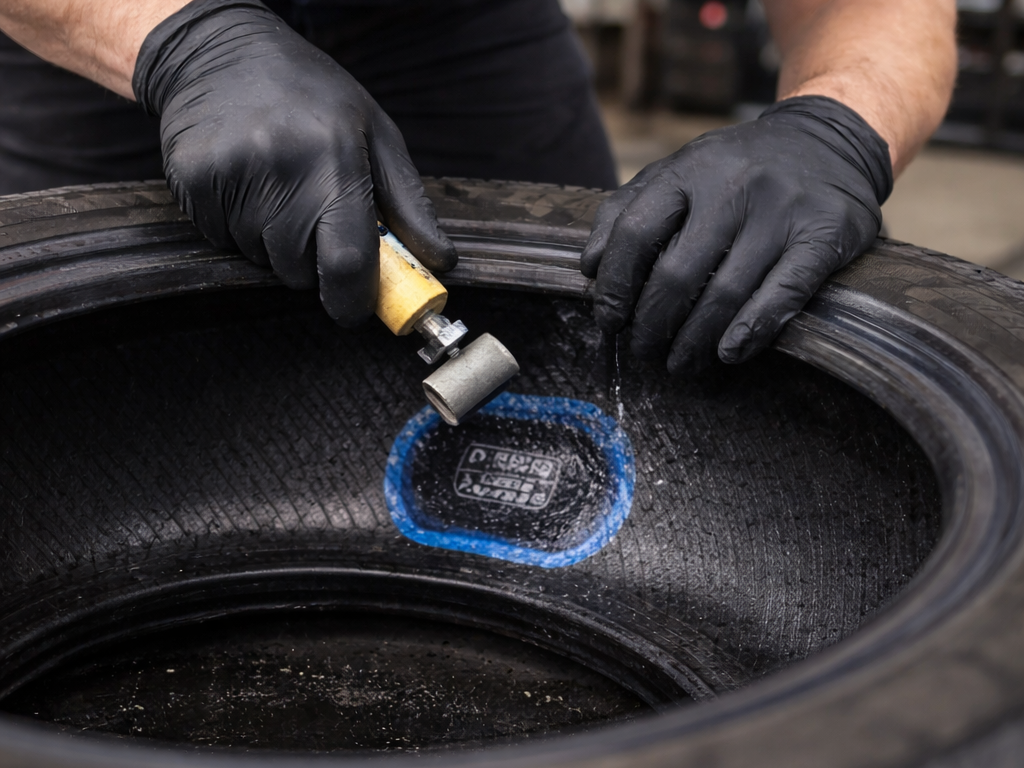 Mechanic installing an internal tire patch during professional tire repair