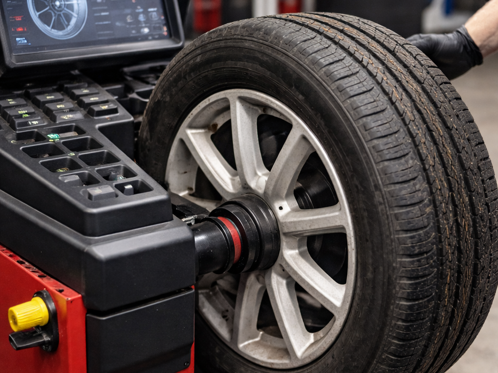 Car wheel being balanced on a tire balancing machine in an auto repair shop