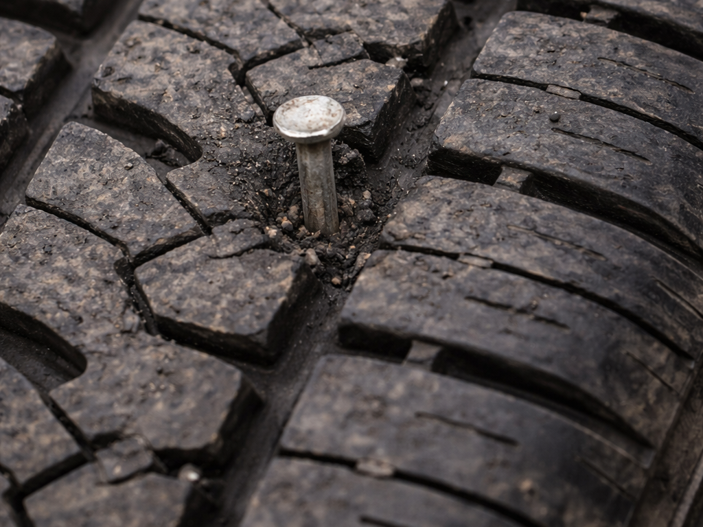 Close-up of a nail stuck in a car tire tread causing a puncture