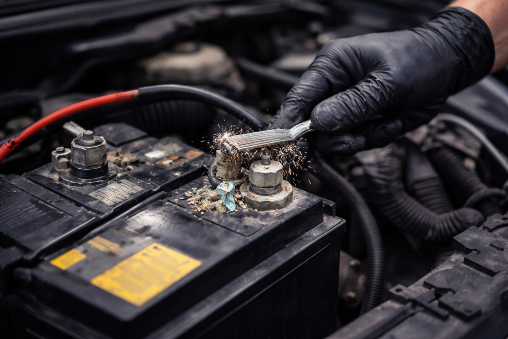 mechanic testing car battery in Calgary auto repair shop
