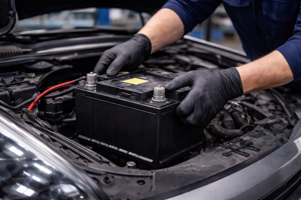 close-up of car battery terminals during battery inspection