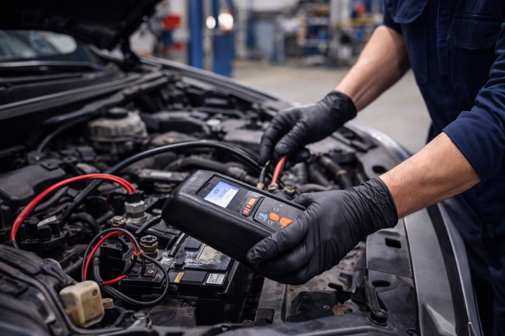 technician installing a new car battery