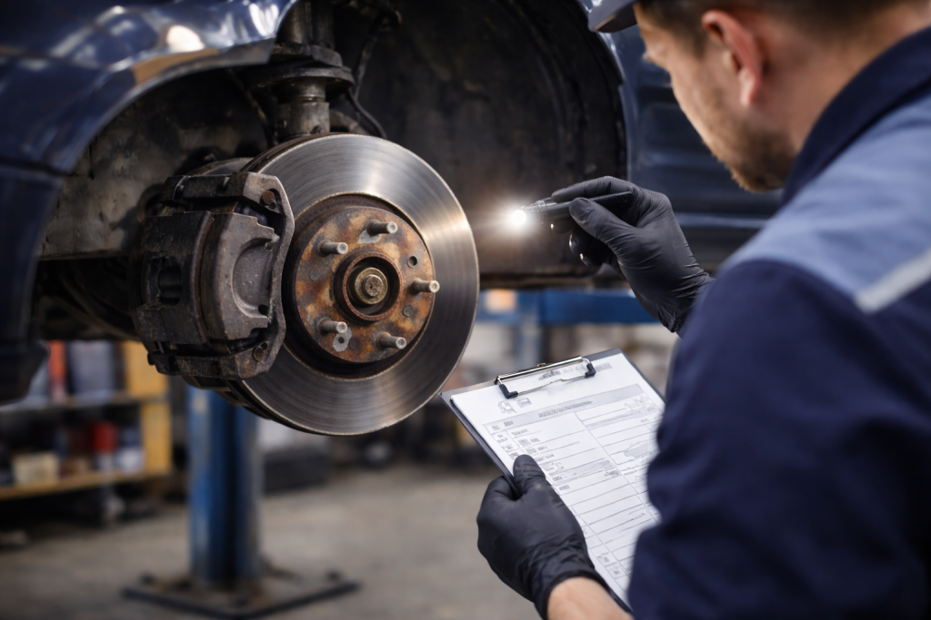 close-up of brake rotor and brake pads during brake repair