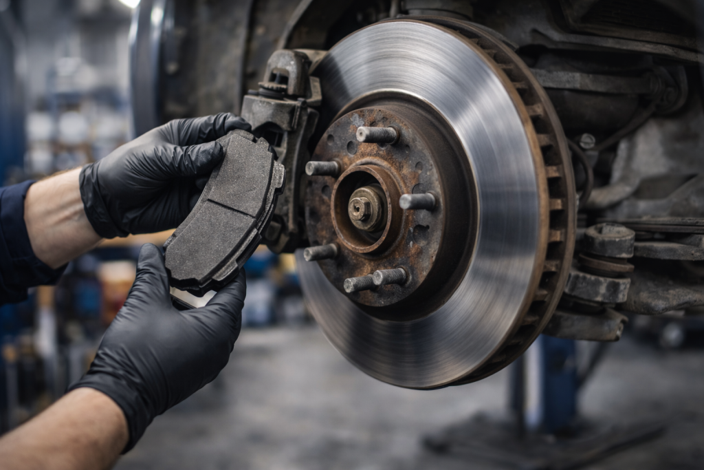 mechanic replacing brake pads on a vehicle