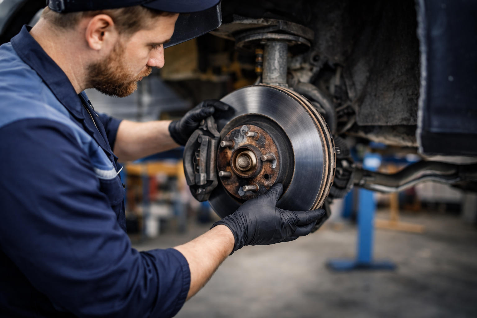mechanic repairing car brake system in Calgary auto repair shop