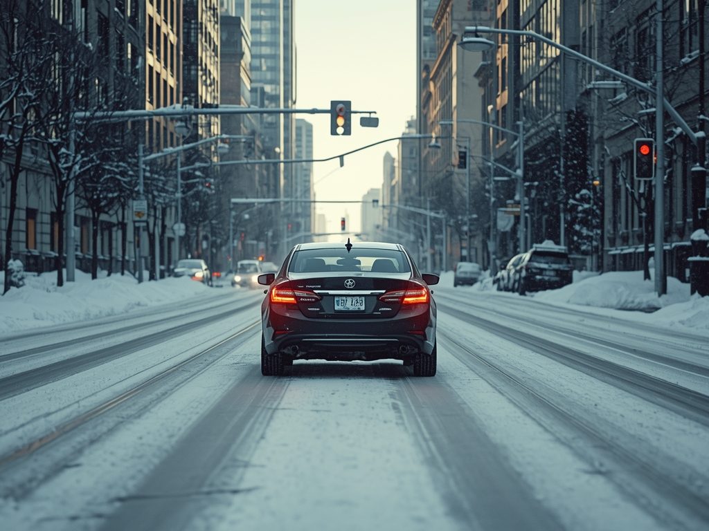 Car driving in snowy Calgary conditions during winter season