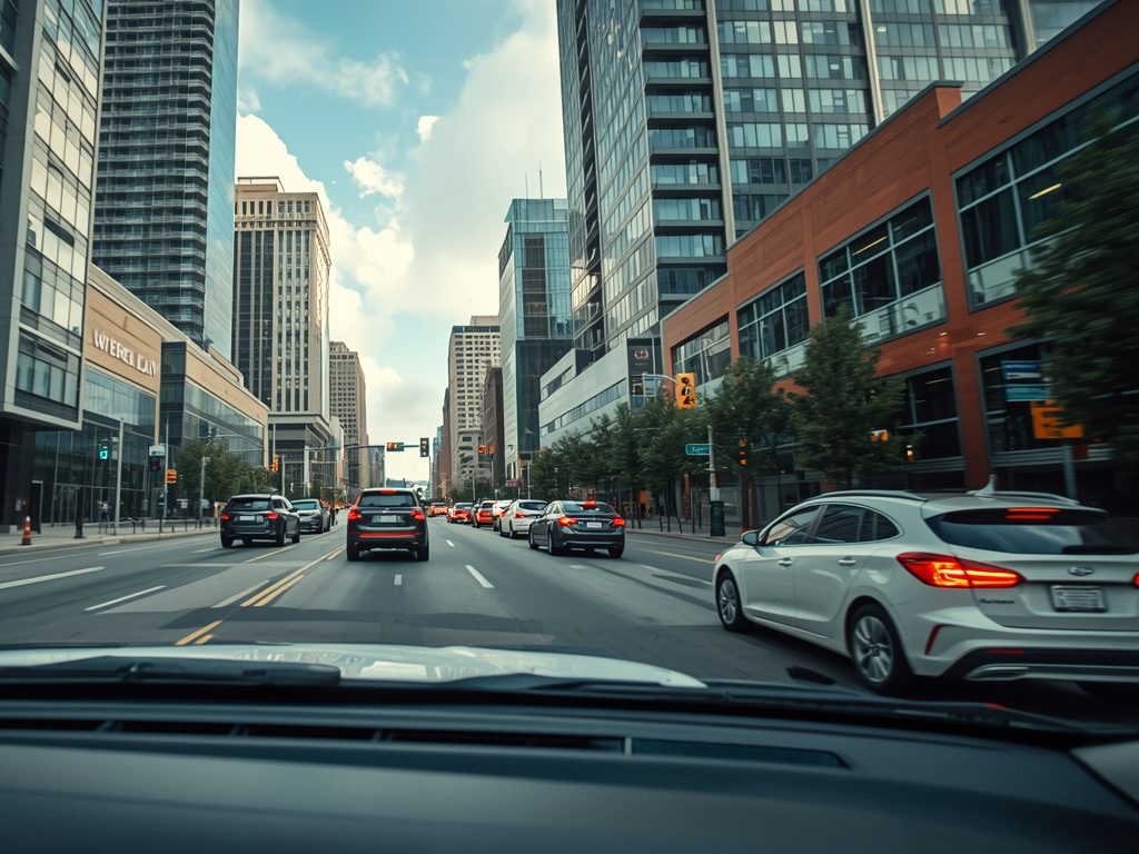 Vehicle driving in downtown Calgary traffic conditions