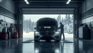 Auto repair shop in Calgary with mechanic inspecting vehicle in professional garage