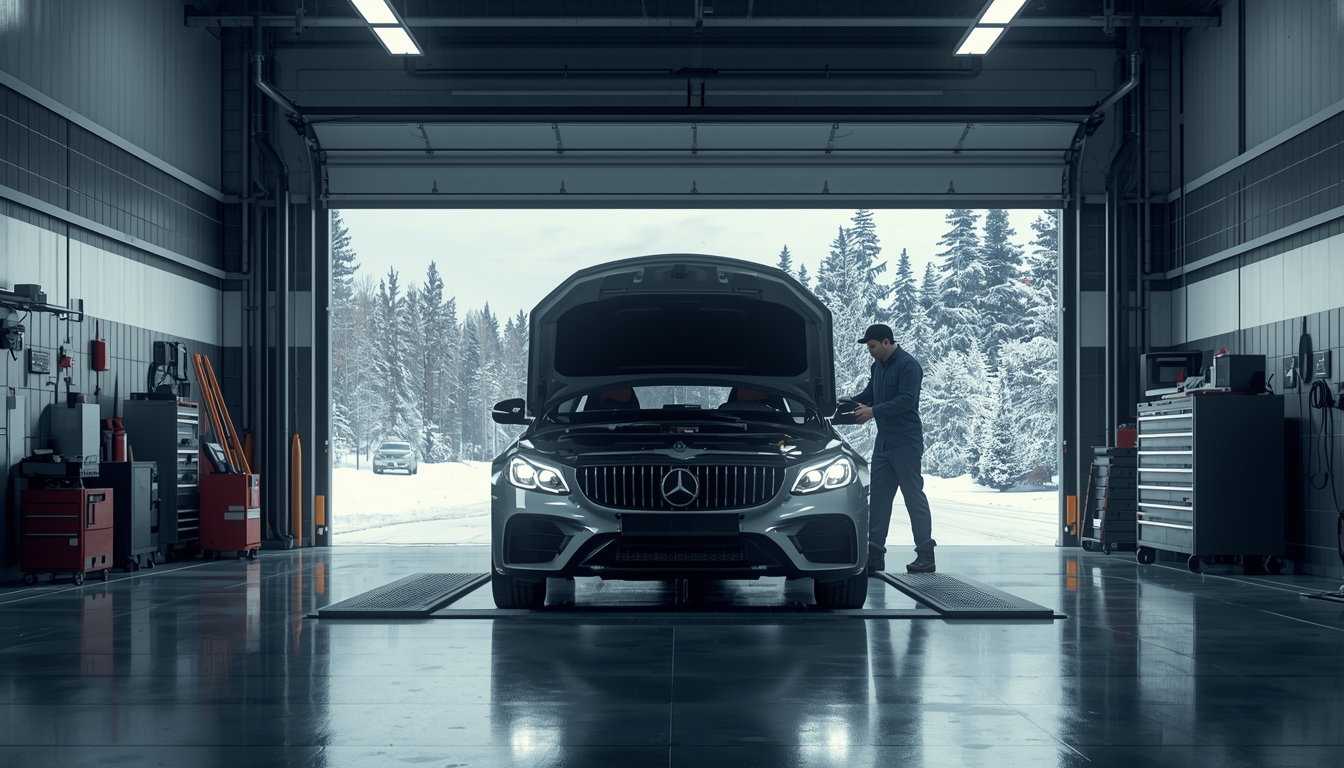 Auto repair shop in Calgary with mechanic inspecting vehicle in professional garage