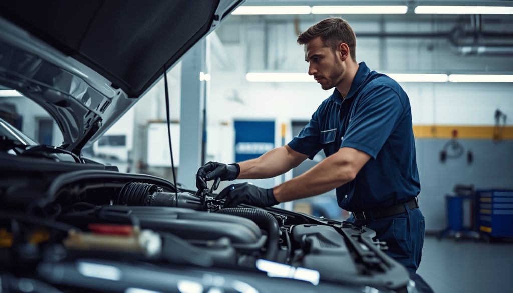 Certified mechanic working on transmission in Calgary auto repair shop