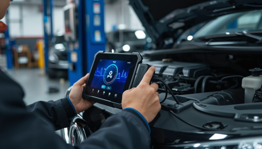 mechanic performing engine diagnostics in Calgary auto repair shop using professional diagnostic tools
