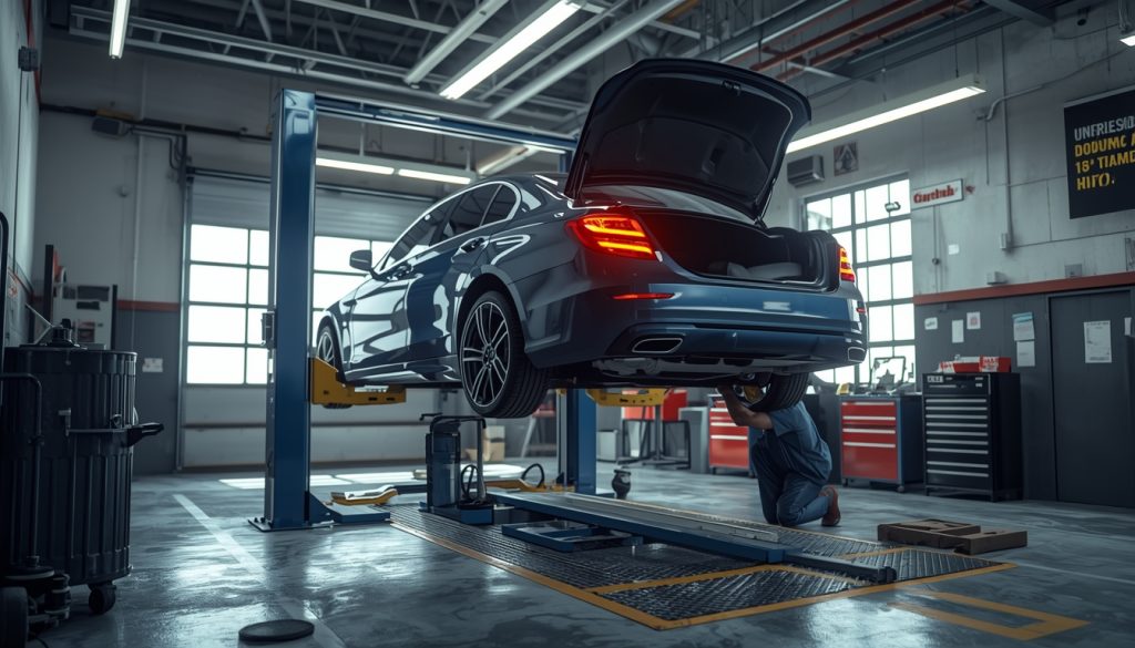 vehicle lifted on hydraulic lift in Calgary auto repair shop during maintenance inspection