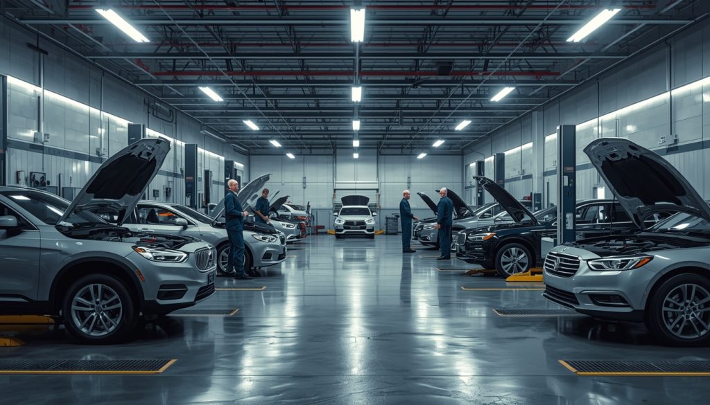 modern Calgary auto repair workshop with professional mechanics servicing vehicles