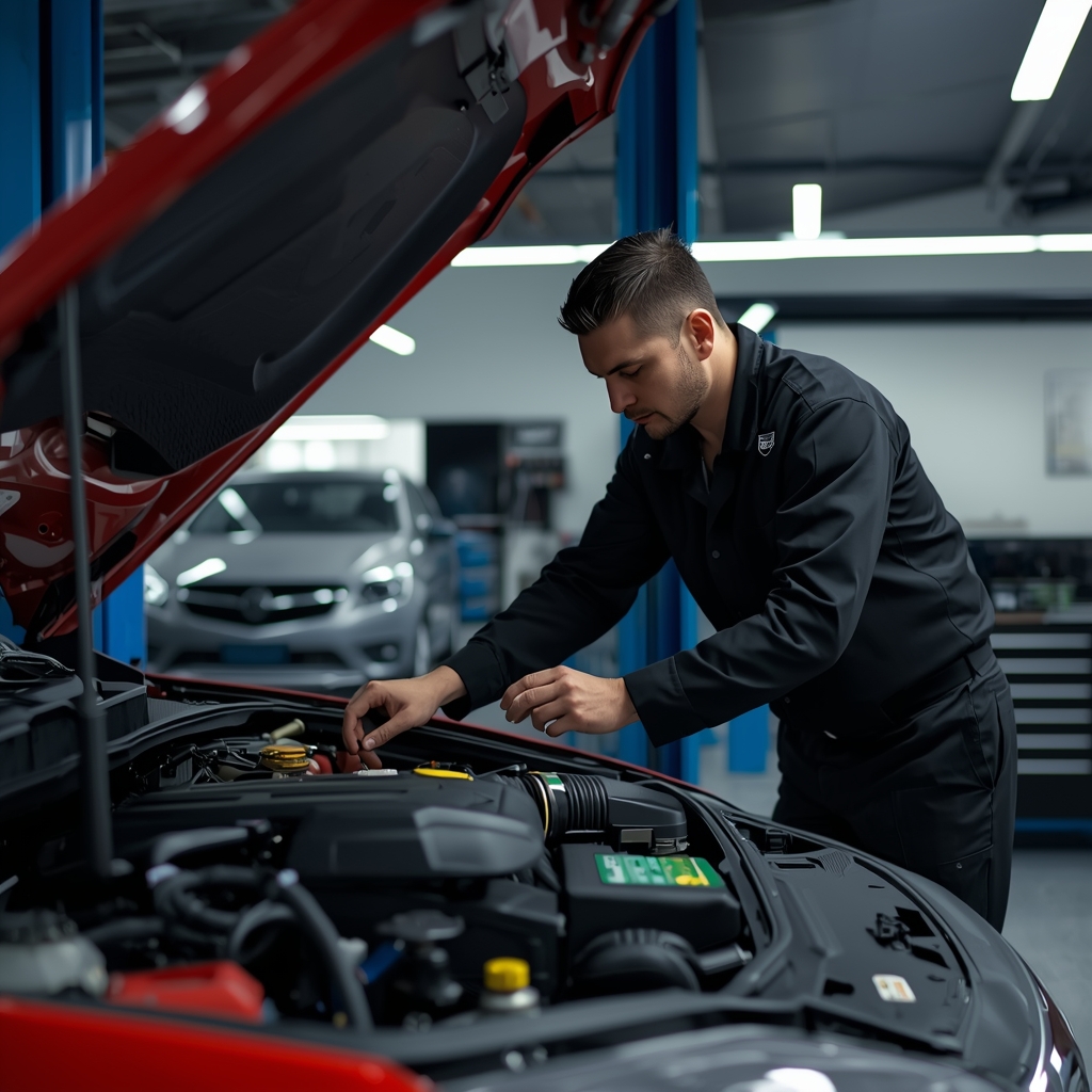 professional auto repair service in Calgary mechanic inspecting modern car engine in automotive workshop