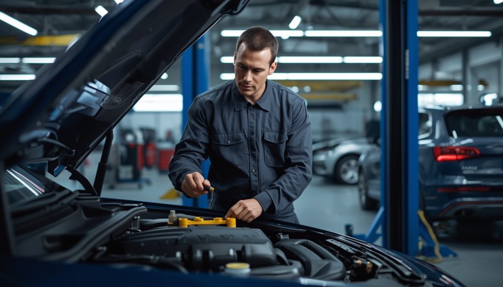 mechanic preparing vehicle for Calgary winter driving inspecting tires and fluids